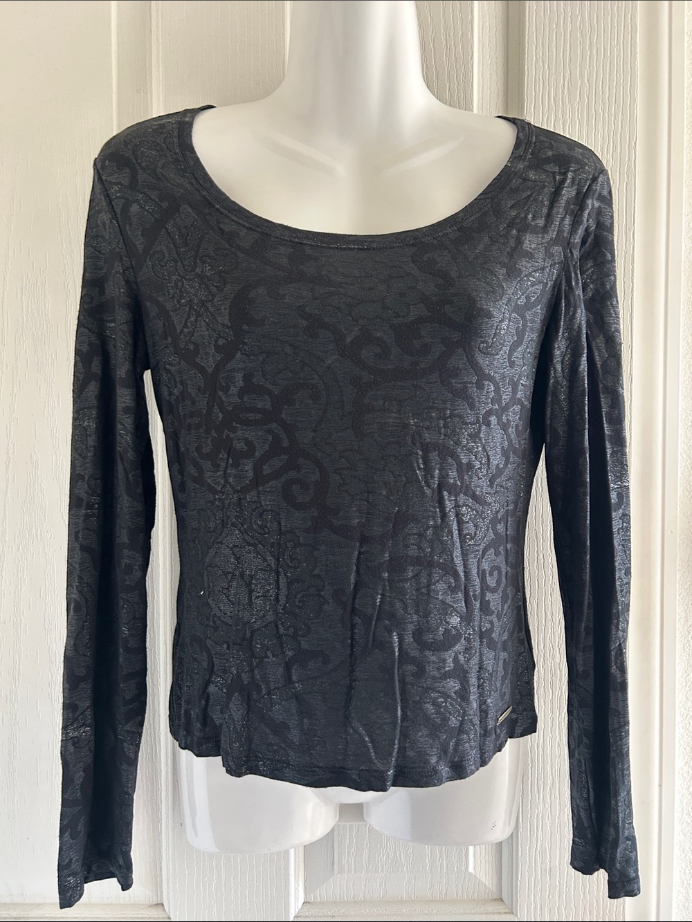 Roberto Cavalli Black Long-Sleeve Scoop Neck Jacquard Top